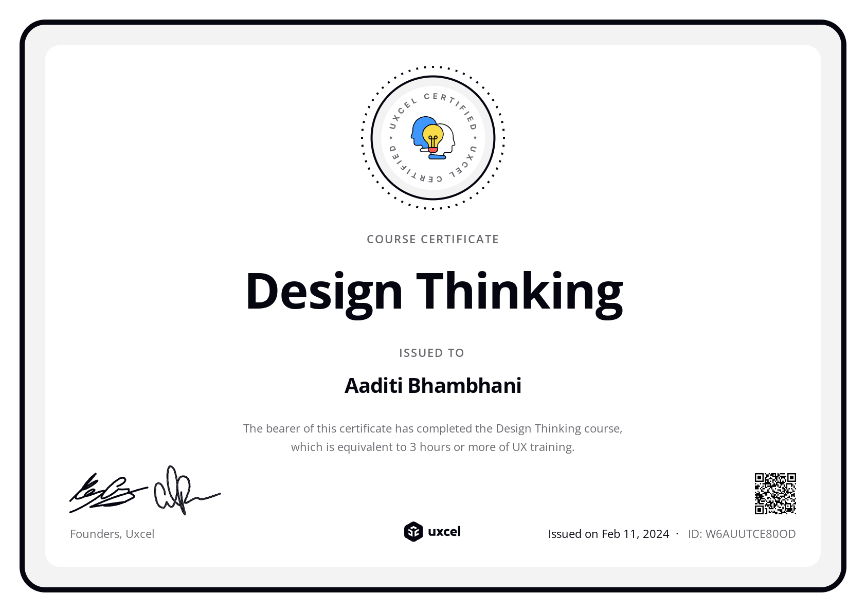 Aaditi Bhambhani's certificate